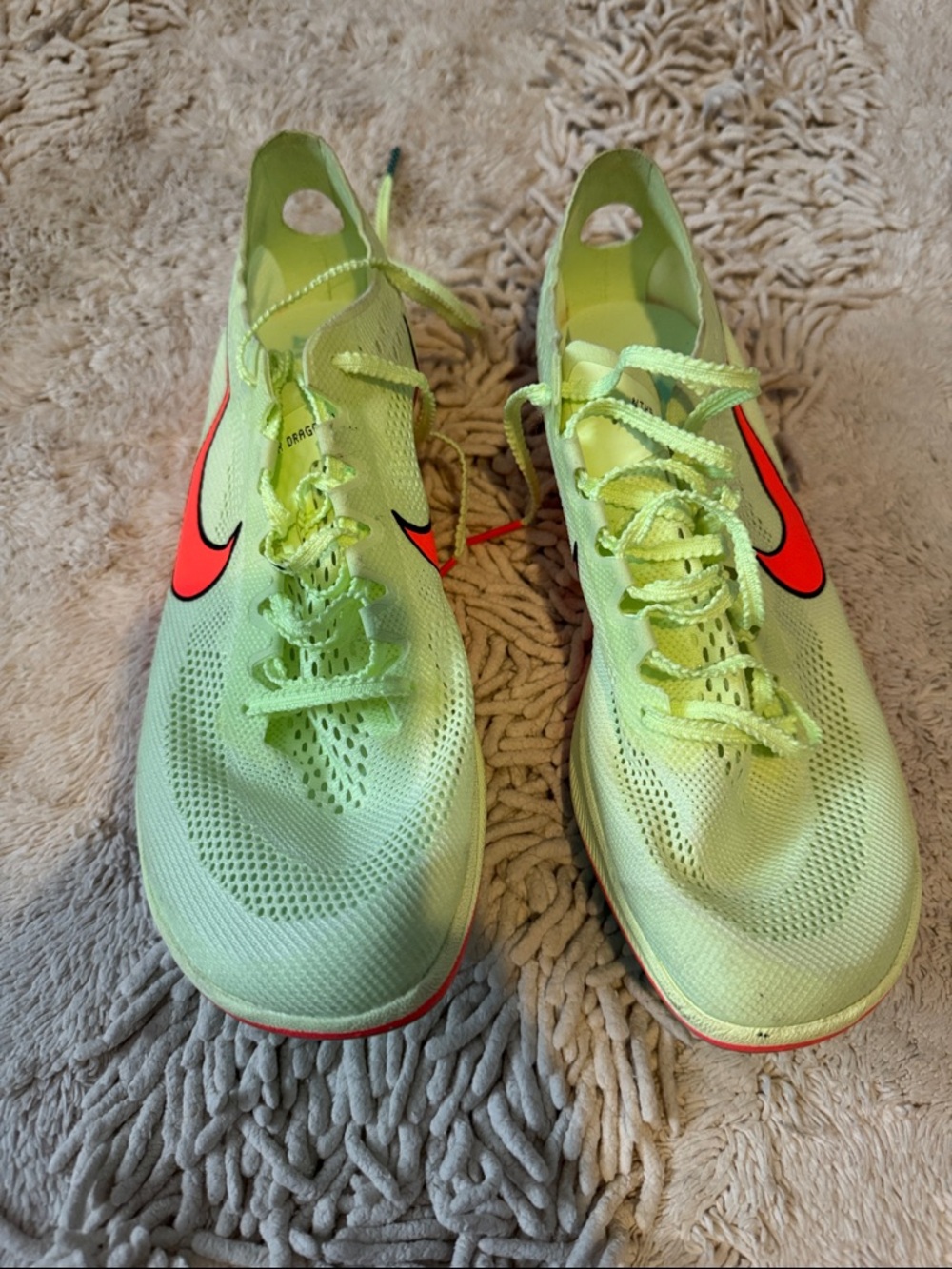 Nike Neon Green Running Spikes with Bright Red Swoosh